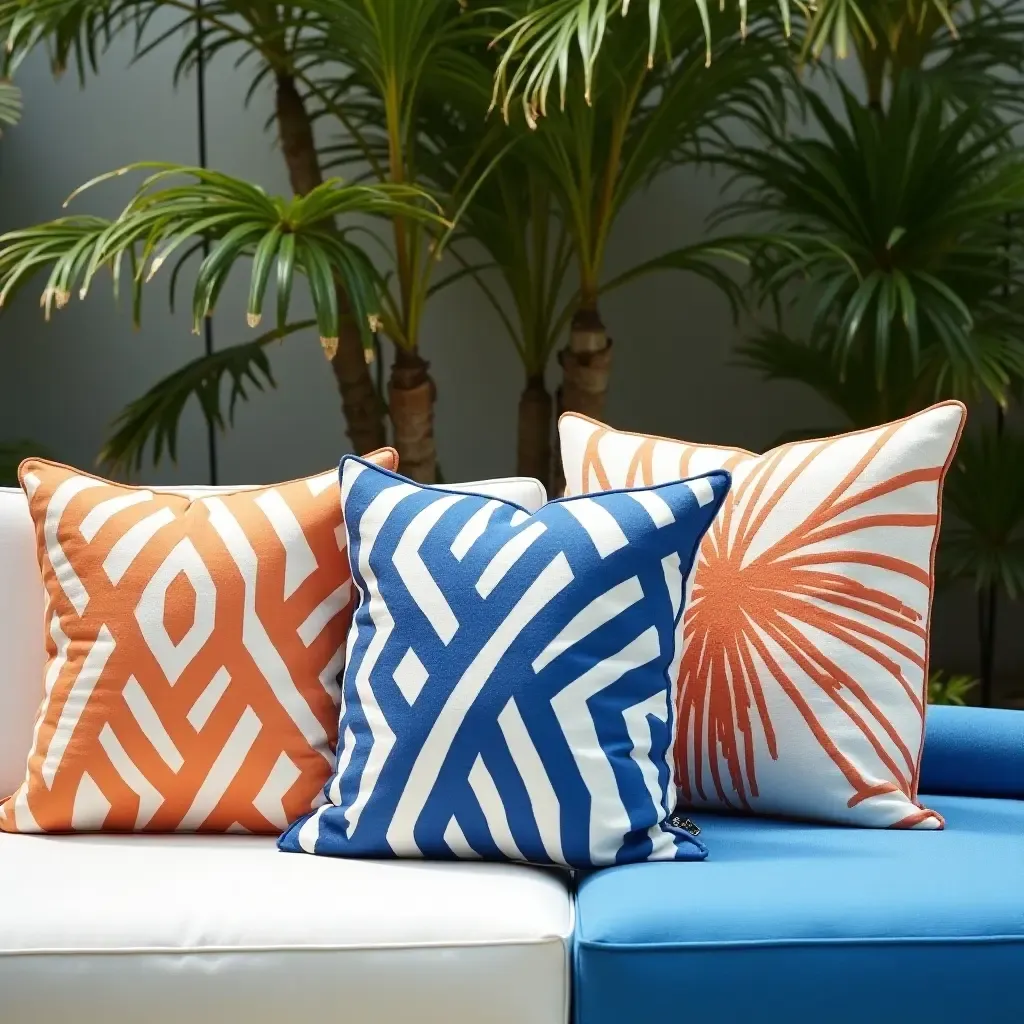 a photo of throw pillows in contrasting colors creating a striking poolside look