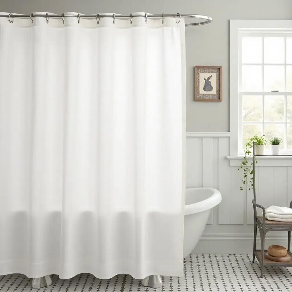 a photo of a bathroom with a farmhouse-style shower curtain and decor