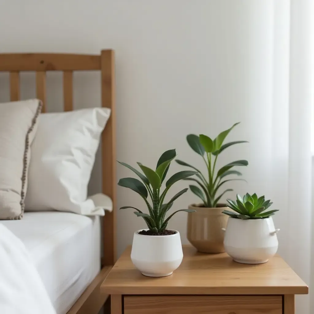 a photo of a bedside table adorned with small potted succulents