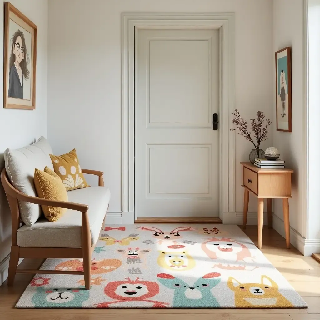 a photo of a whimsical cartoon-themed rug in a playful entryway