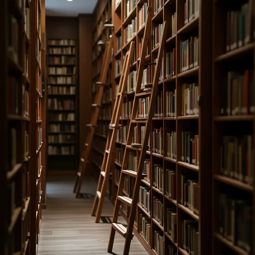 a photo of wooden ladders leaning against tall bookshelves in a library