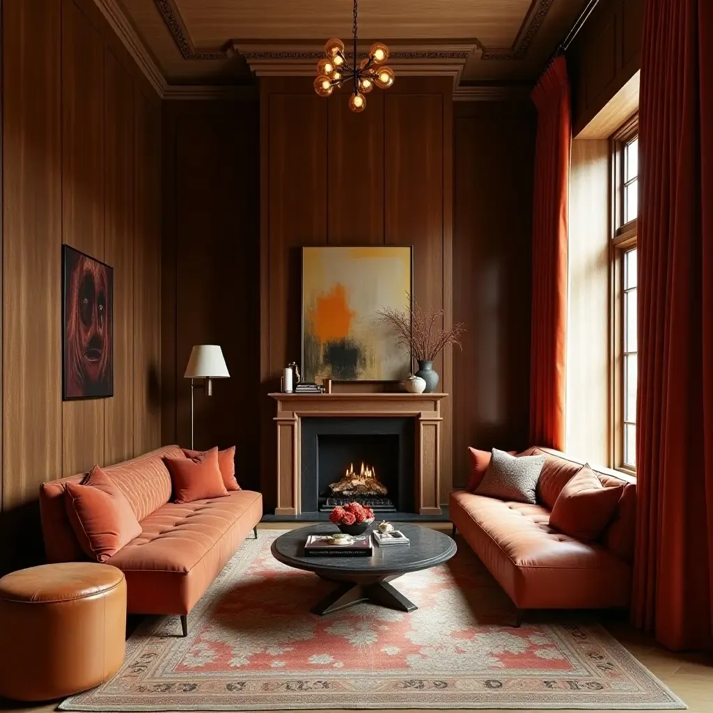 a photo of a warm living room with velvet drapes, wood accents, and leather furniture