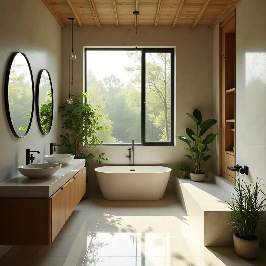 a photo of an eco-friendly bathroom with sustainable materials and plants