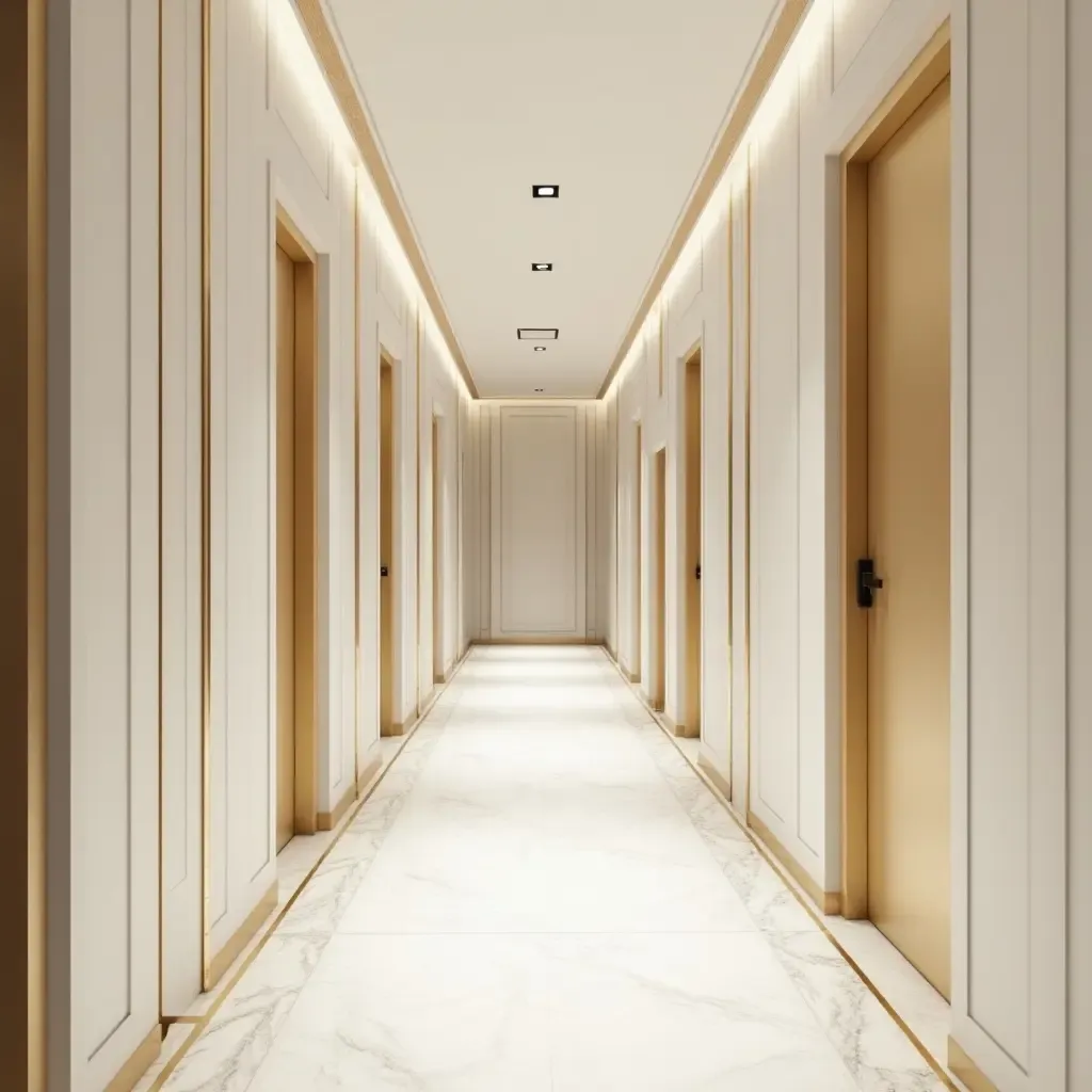 a photo of a stylish corridor with gold and white decor