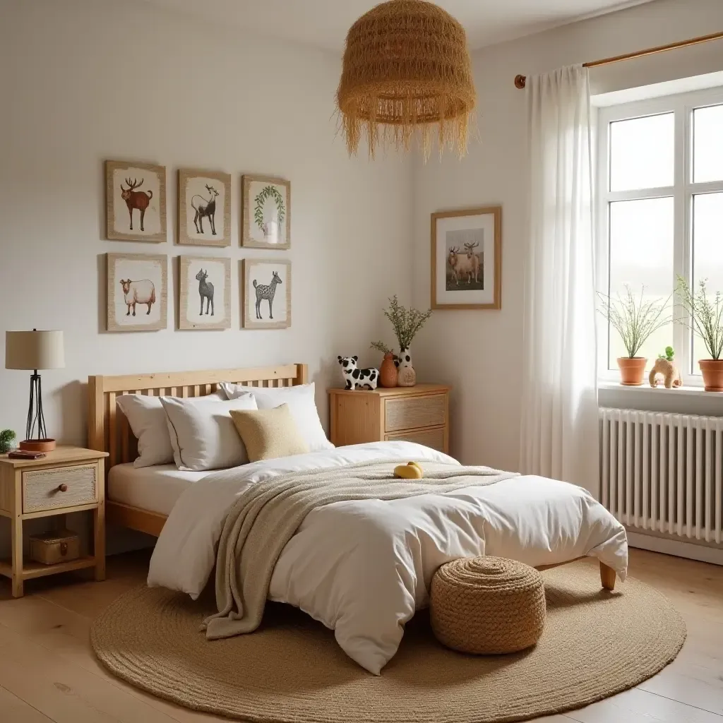 a photo of a farmyard-themed bedroom with barn animals and hay decor