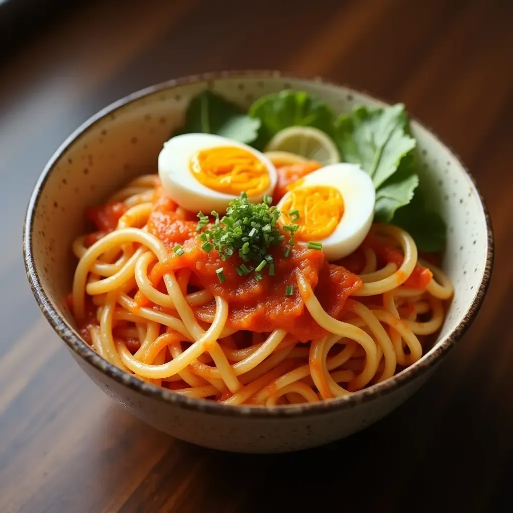 a photo of Korean kimchi noodles with fermented cabbage and a soft-boiled egg