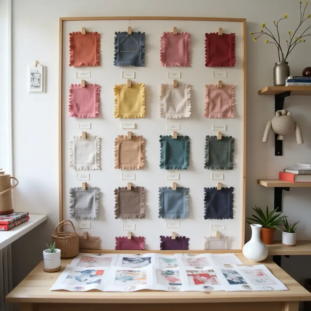 a photo of a collection of framed fabric swatches in a craft room