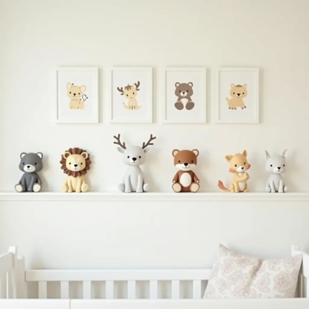 a photo of a nursery gallery wall with playful animal figurines