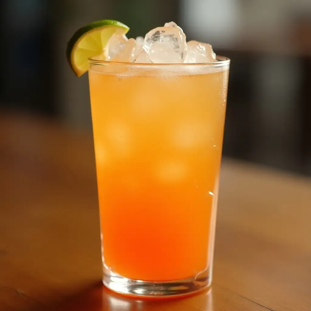 a photo of a sparkling Thai tamarind soda with lime and crushed ice.