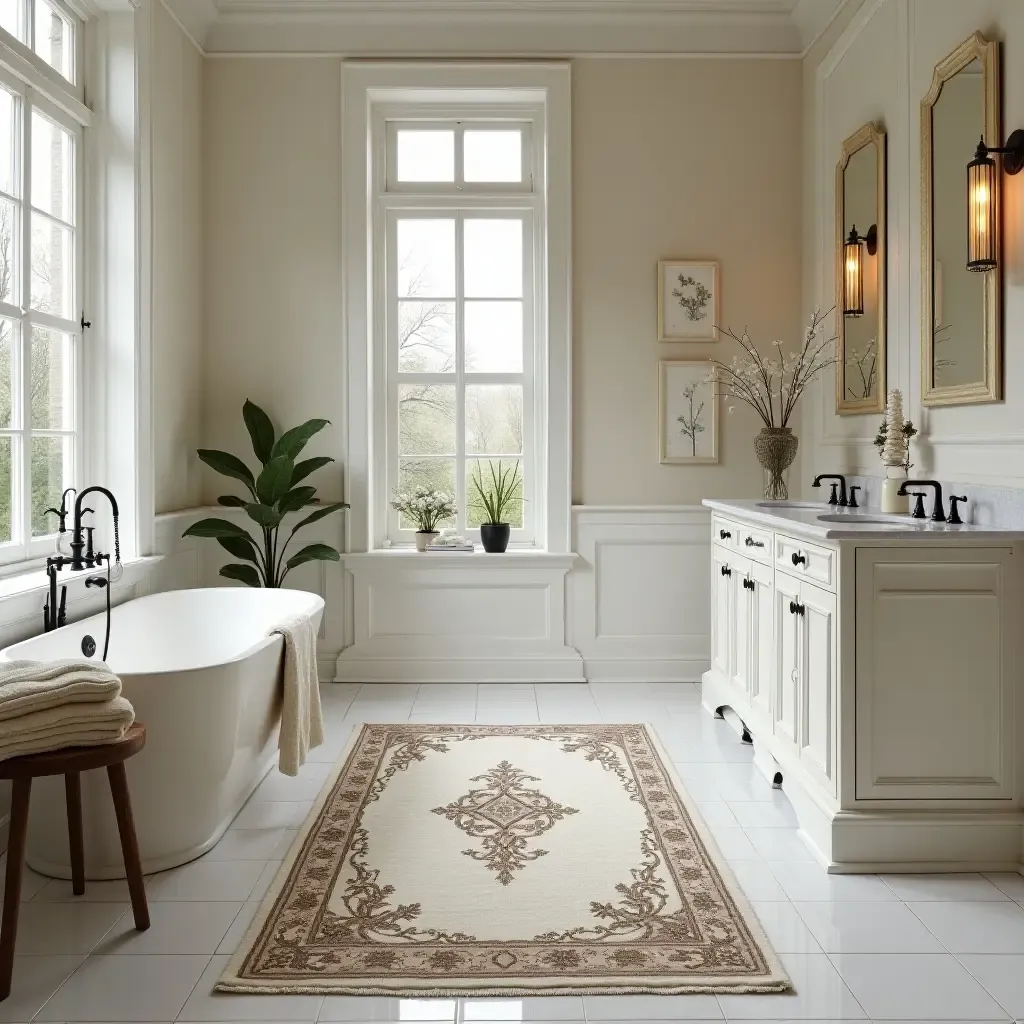 a photo of a classic damask rug in an elegant bathroom