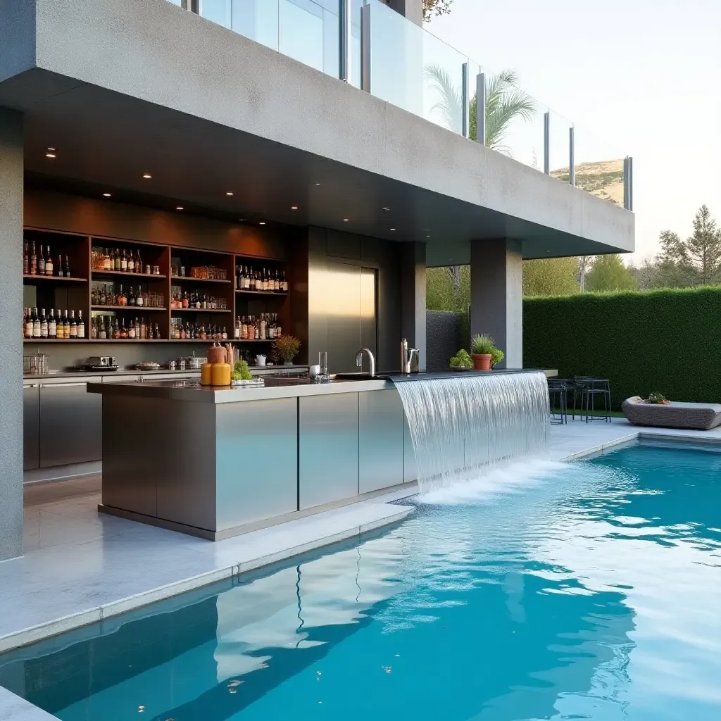 a photo of a sleek stainless steel bar with a waterfall feature by the pool