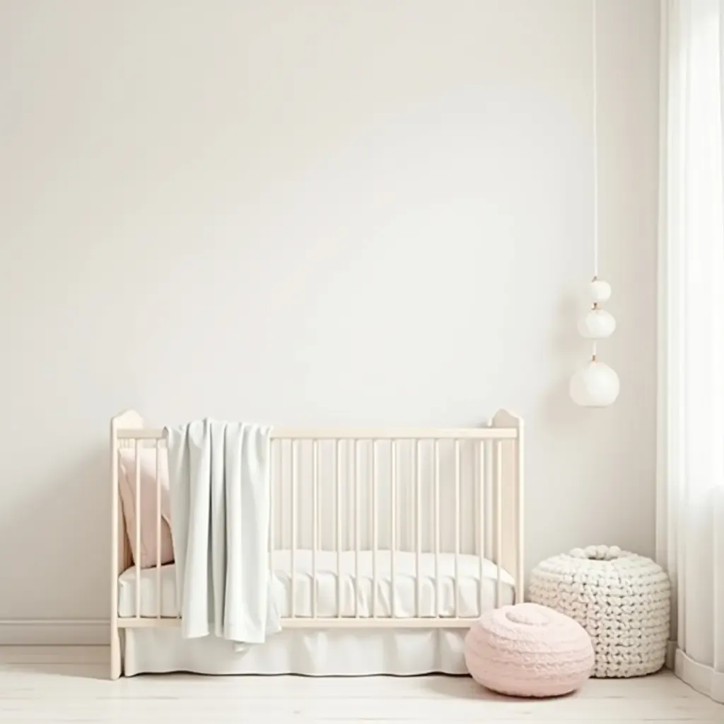 a photo of a light and airy nursery featuring pastel colors and minimalistic decor