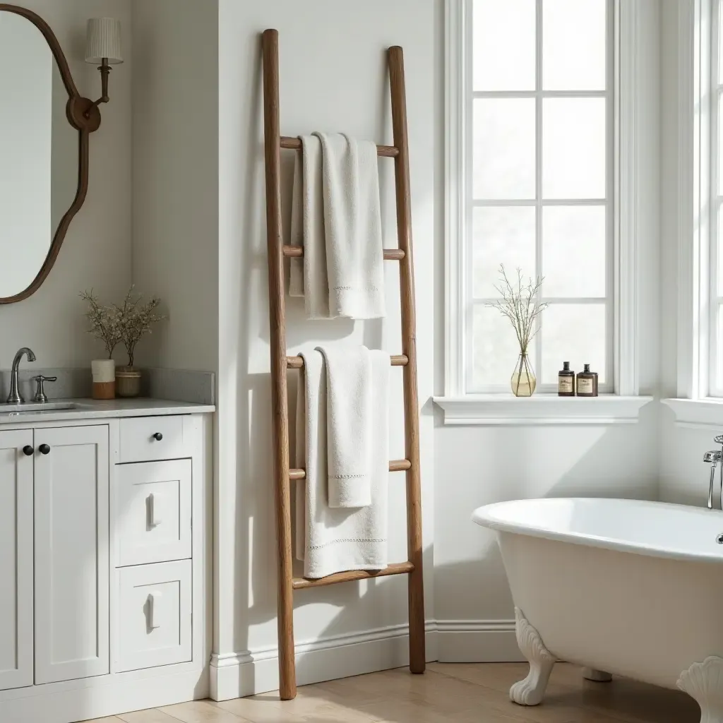 a photo of a bathroom with a vintage ladder as a towel rack