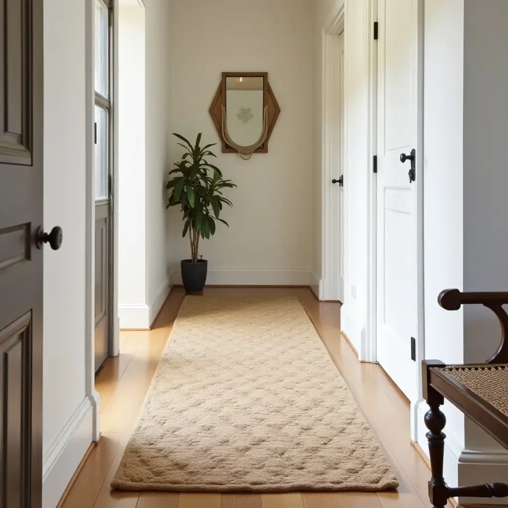 a photo of a handwoven jute rug adding warmth to a corridor