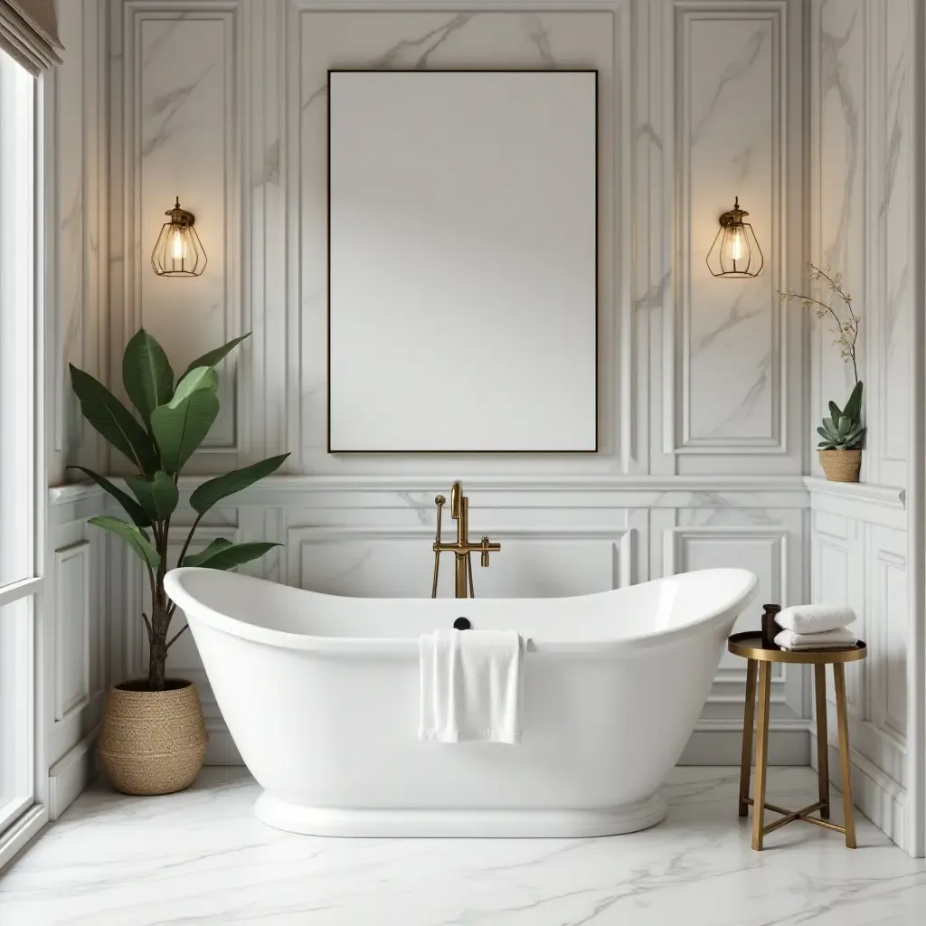 a photo of a freestanding tub surrounded by marble and luxury decor