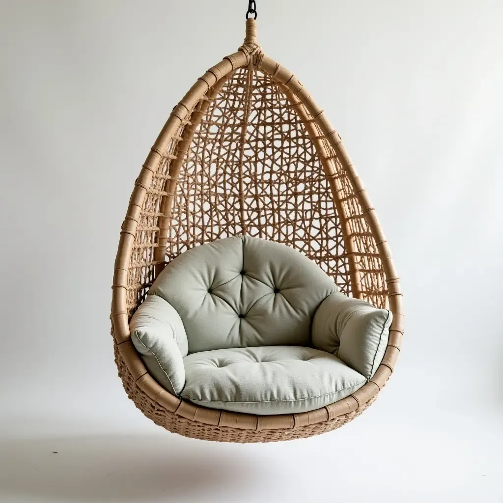 a photo of a stylish fabric hanging chair with patterned upholstery