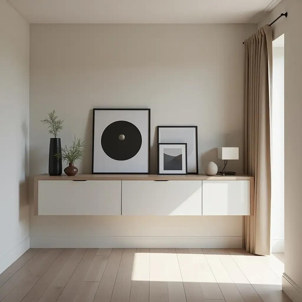 a photo of a sleek corridor shelf adorned with framed photos