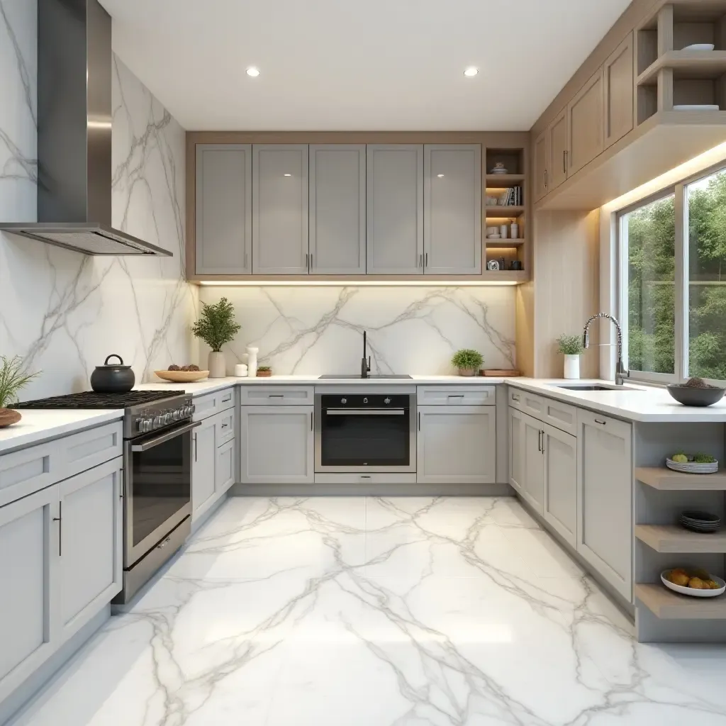 a photo of a contemporary kitchen with marble flooring and stainless steel appliances