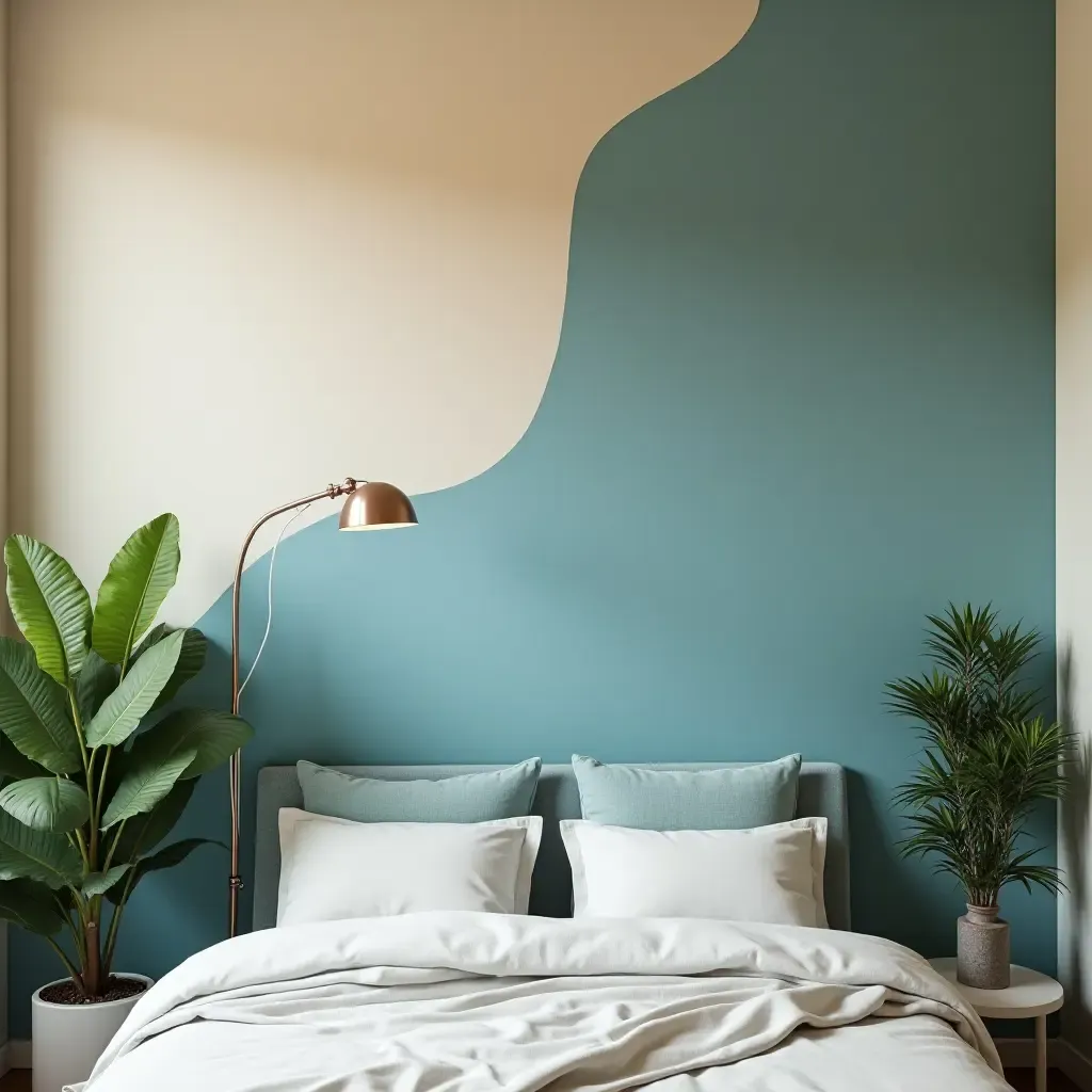 a photo of a cream and blue accent wall with elegant lighting and decorative plants