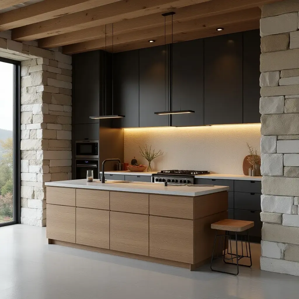 a photo of a contemporary kitchen featuring a wooden island, stone walls, and metal fixtures