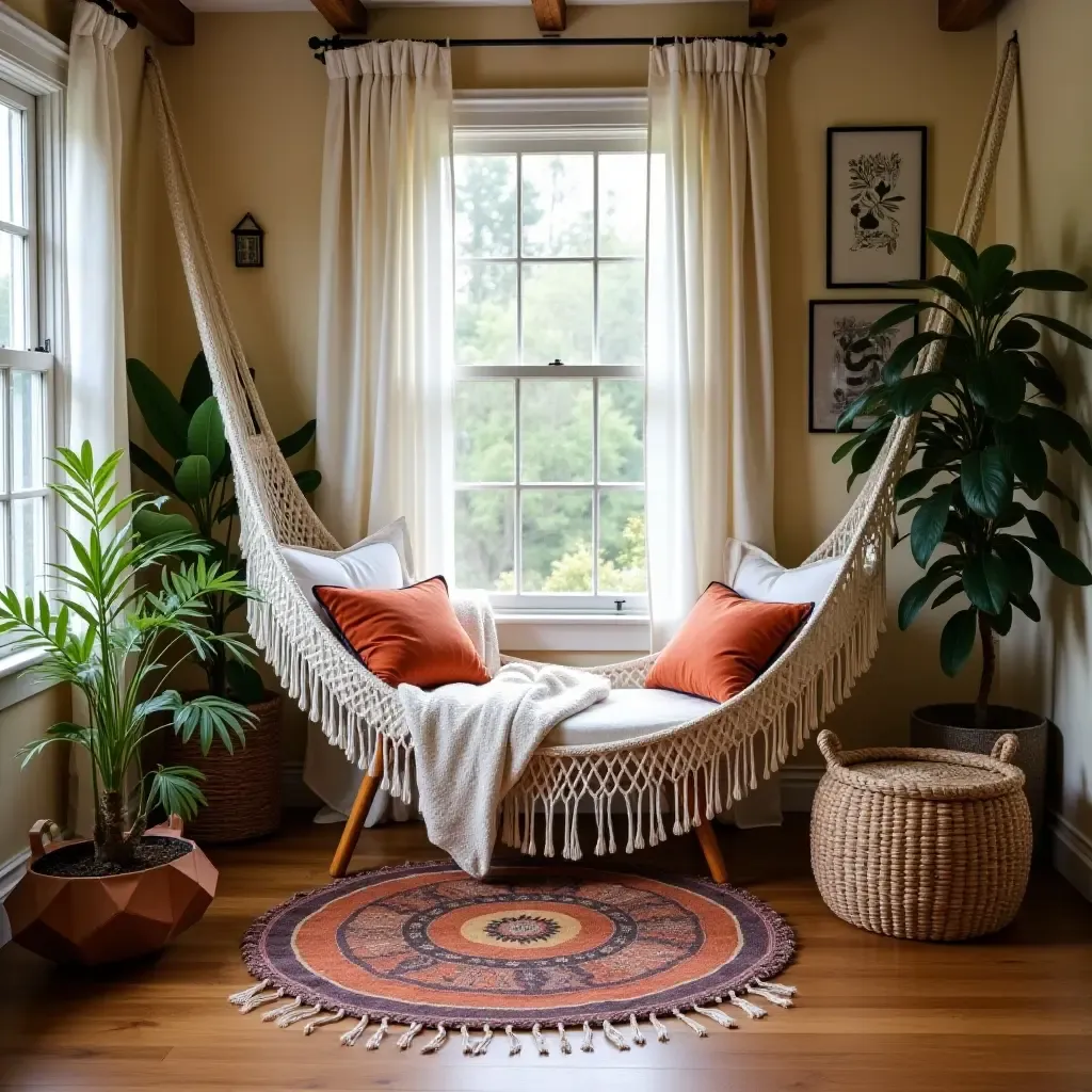 a photo of a cozy reading nook with a macrame hammock and bohemian decor