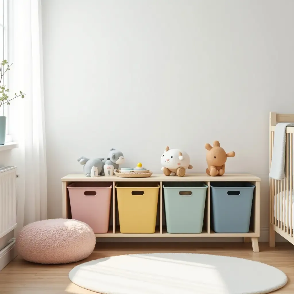 a photo of a stylish nursery with colorful storage bins for toys