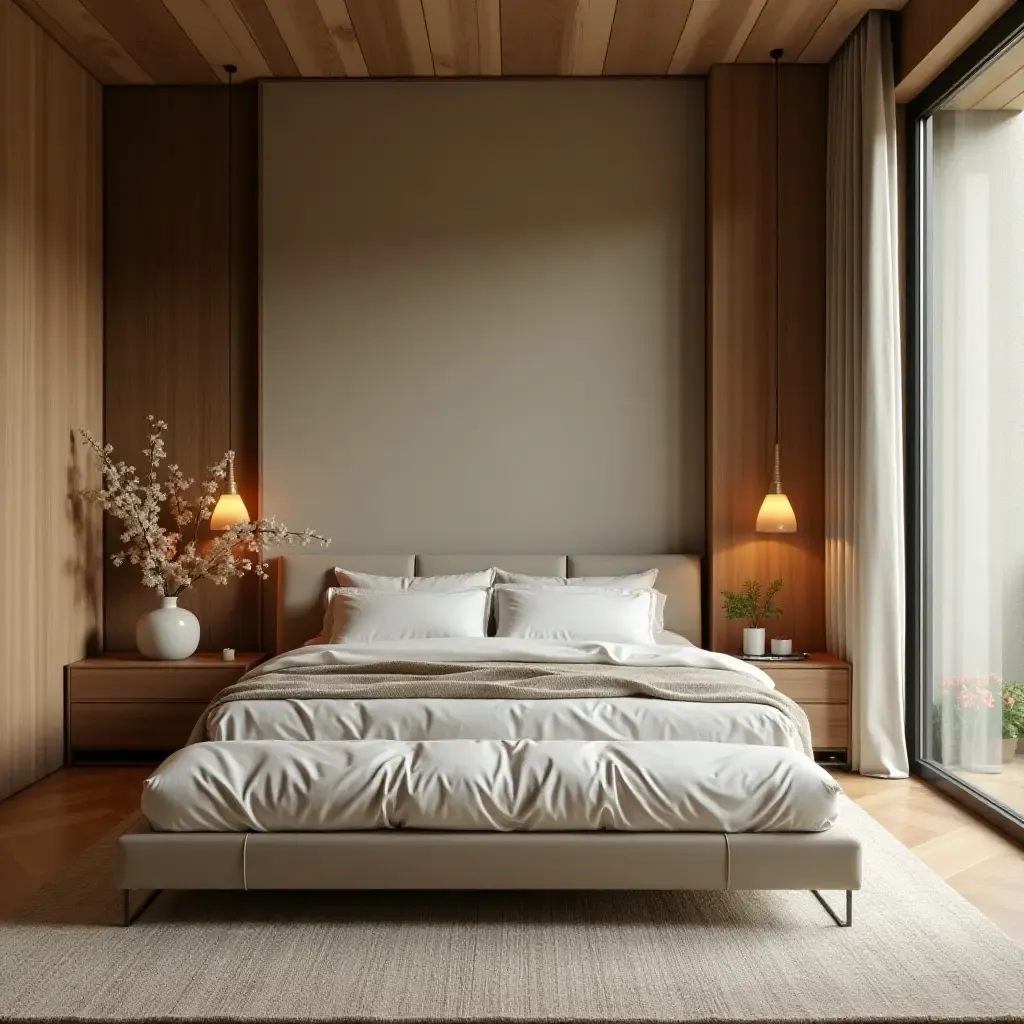 a photo of a serene bedroom with a blend of natural materials and textures