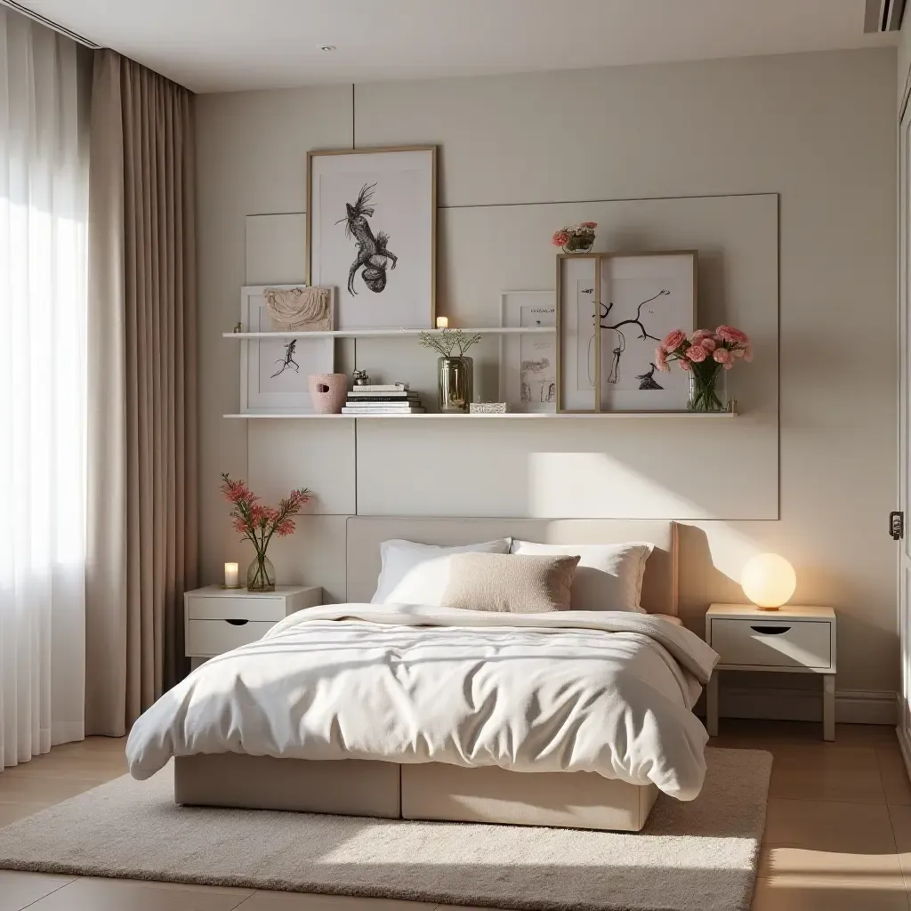 a photo of a glamorous teen bedroom featuring a stylish gallery shelf and decor