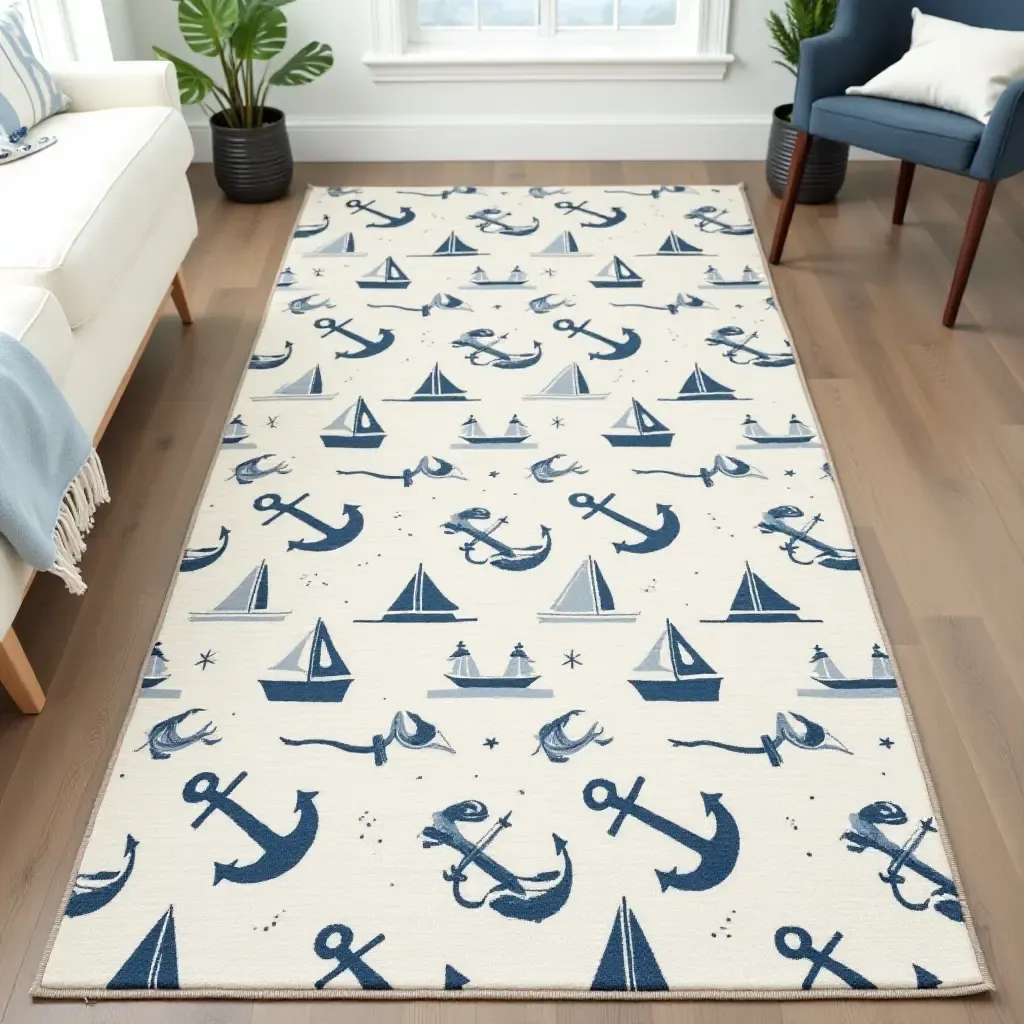 a photo of a nautical-themed rug with anchors and sailboats for a beach vibe