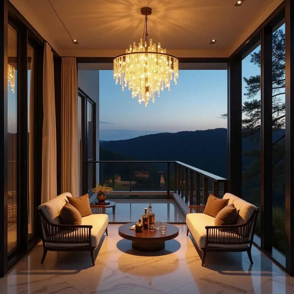 a photo of a glamorous balcony with a stylish outdoor chandelier