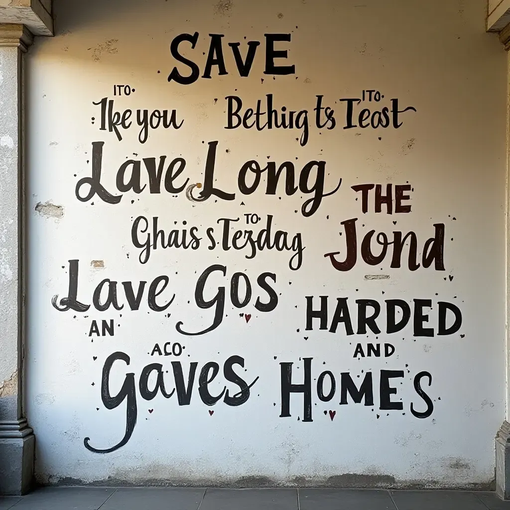 a photo of a wall adorned with hand-painted quotes and designs