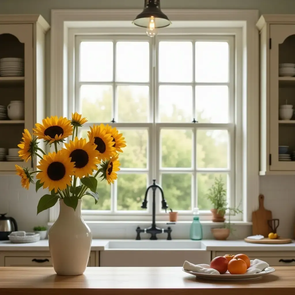 a photo of a classic kitchen with a large window and sunflowers in a vase