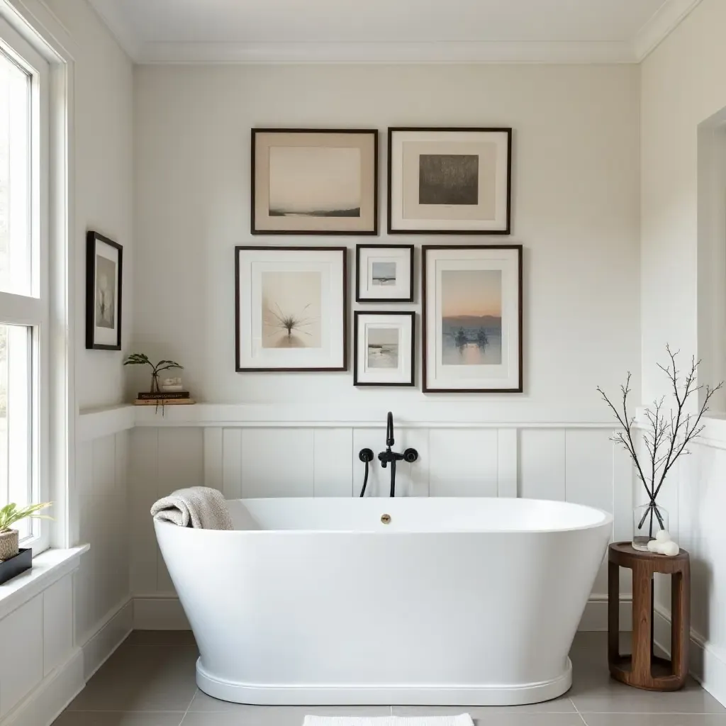 a photo of a gallery wall with various art styles in a bathroom