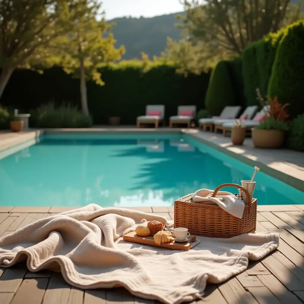 a photo of a cozy poolside lounge with a picnic setup and blankets