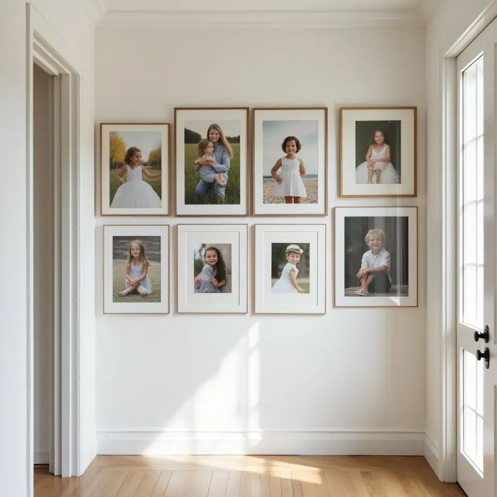 a photo of a hallway with a gallery wall of family photos and art