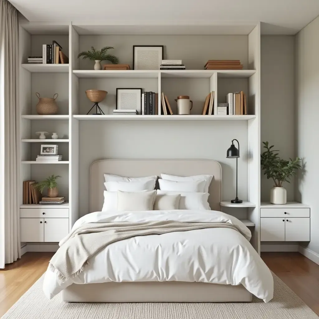 a photo of a serene bedroom with open shelves holding books and decorative items