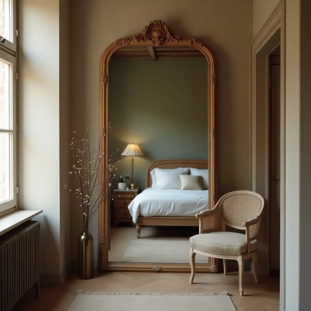 a photo of a vintage mirror reflecting a cozy bedroom scene