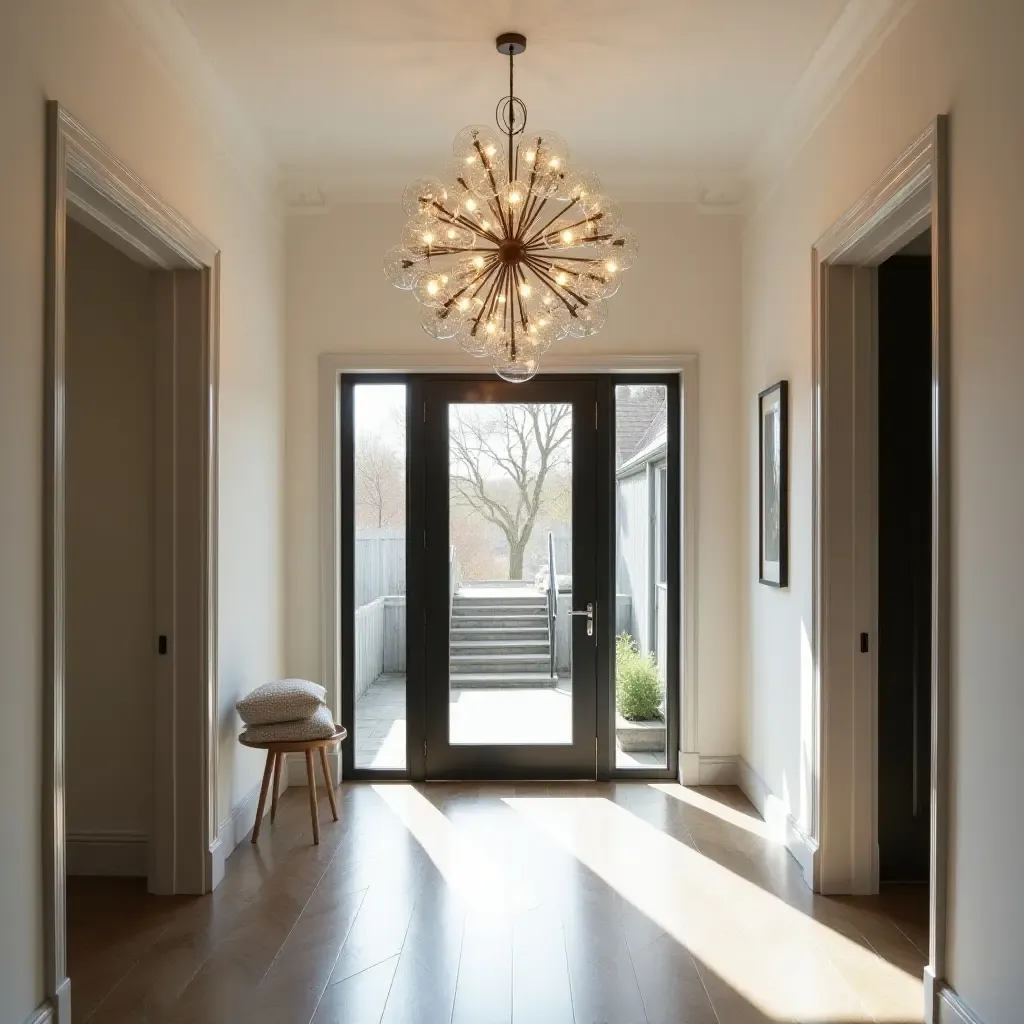 a photo of an entrance hall featuring a metallic chandelier