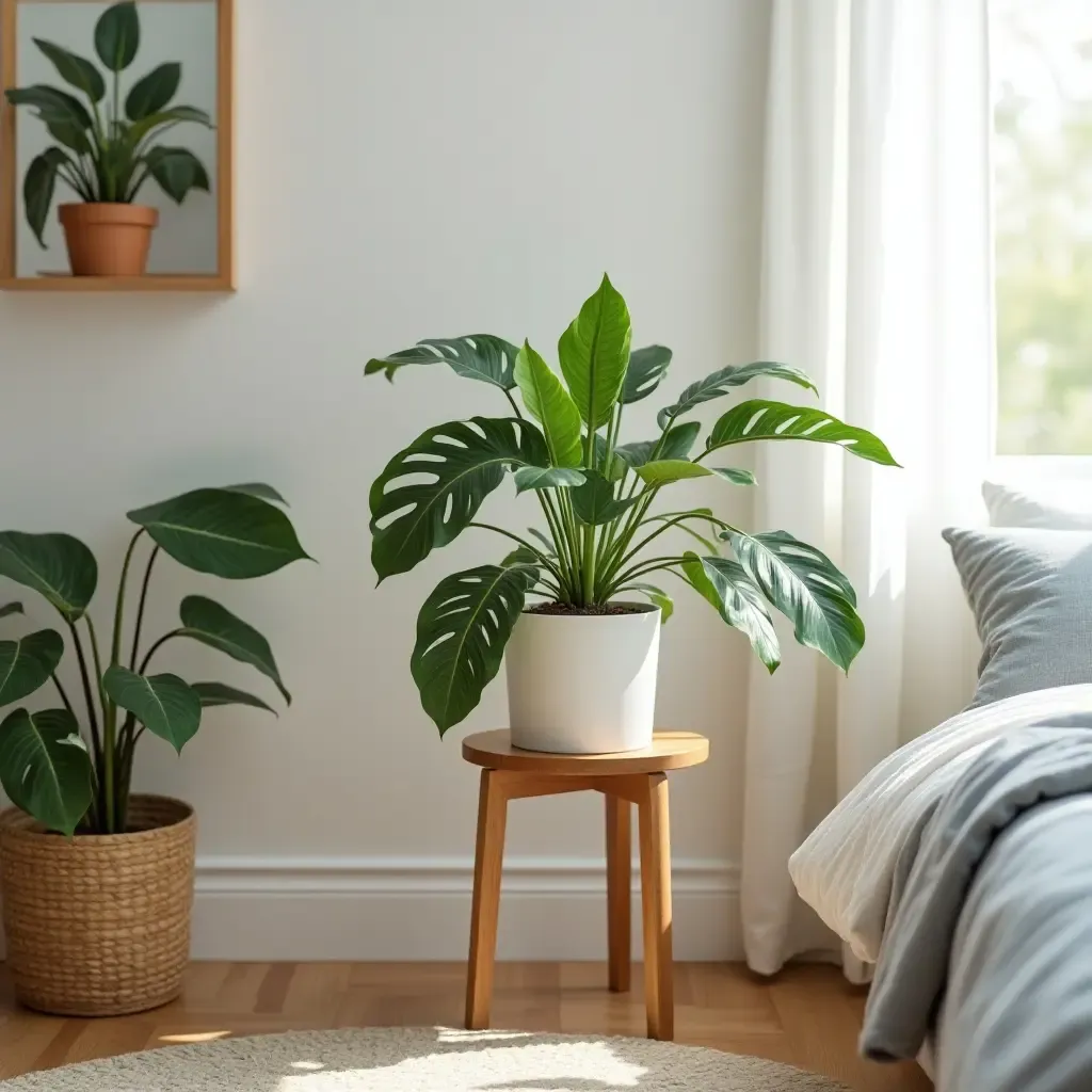 a photo of a wooden plant stand with greenery in a teen&#x27;s bedroom