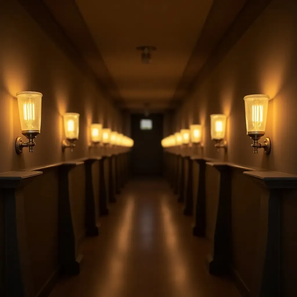 a photo of a corridor illuminated by Edison bulb sconces