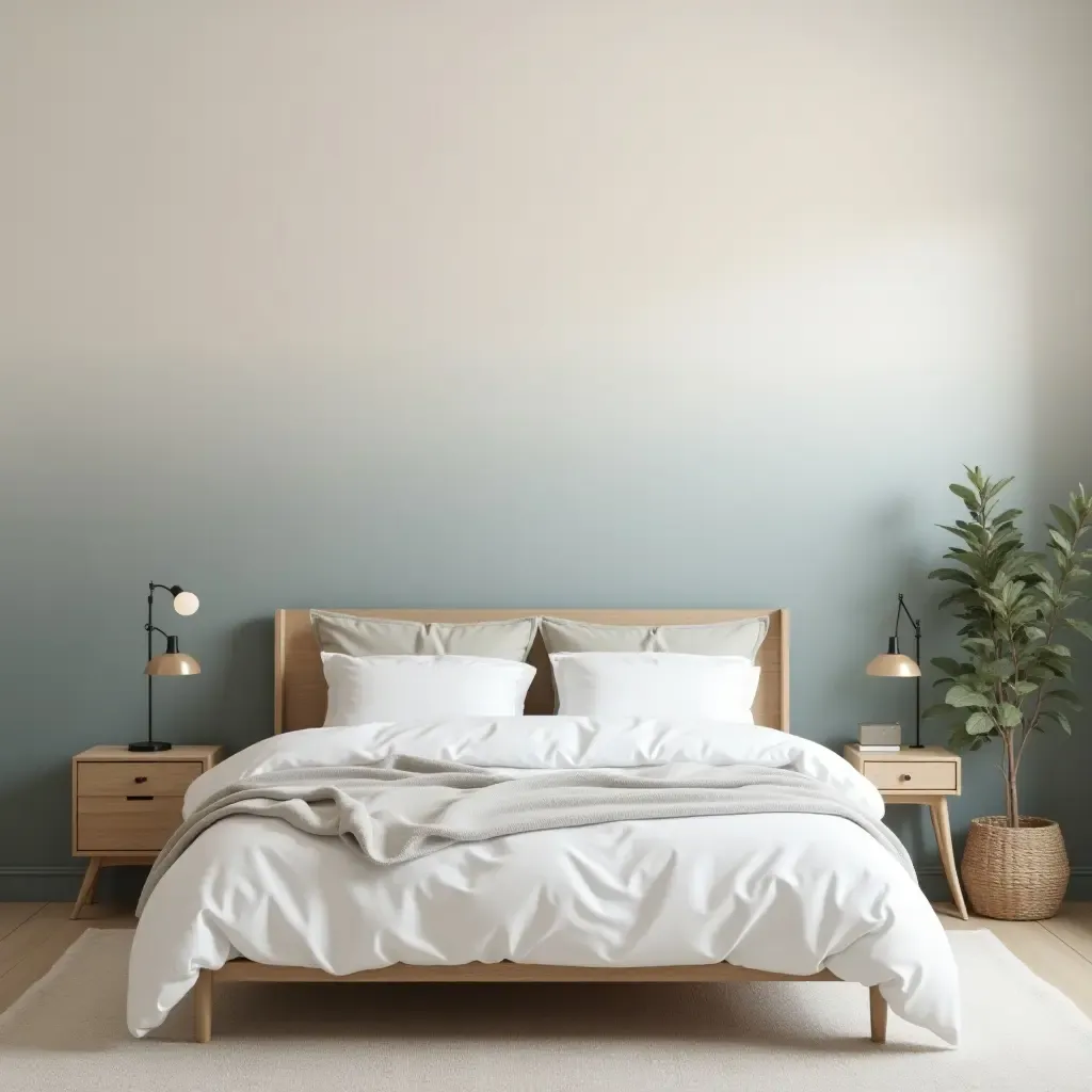 a photo of a painted ombre wall behind a bed in a serene bedroom