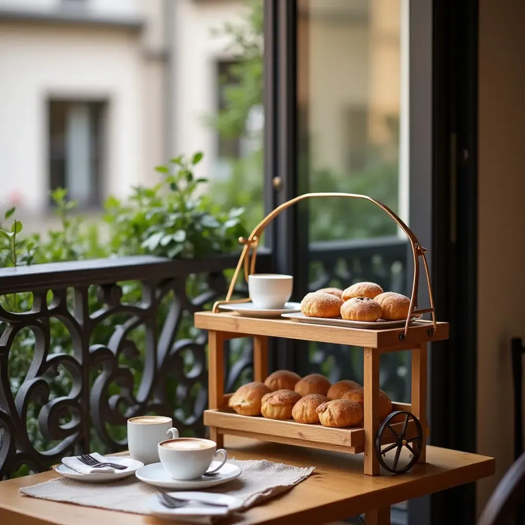 a photo of a balcony with a wooden coffee cart and pastries