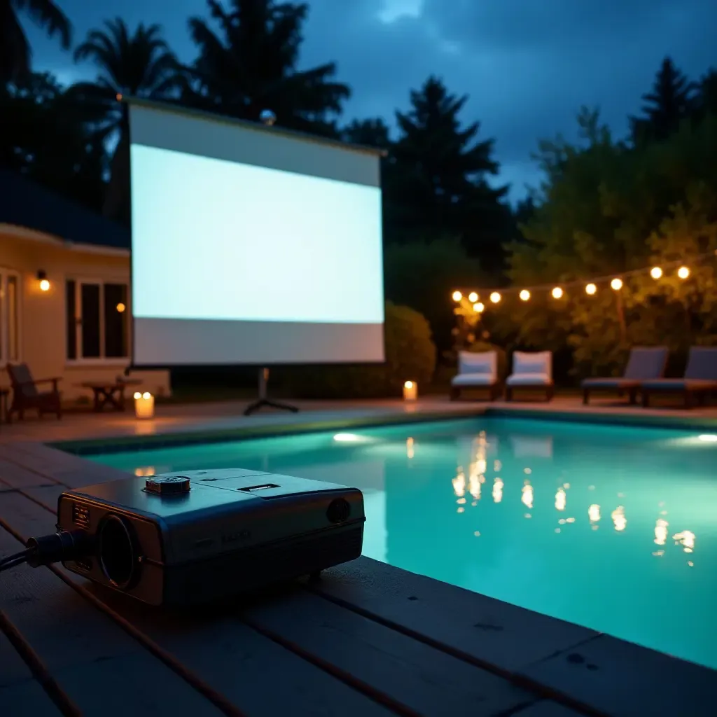 a photo of a vintage poolside movie setup with a projector and screen