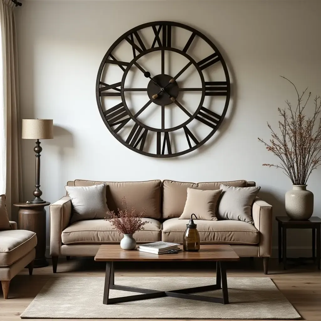 a photo of a living room with a large metal clock and vintage furniture