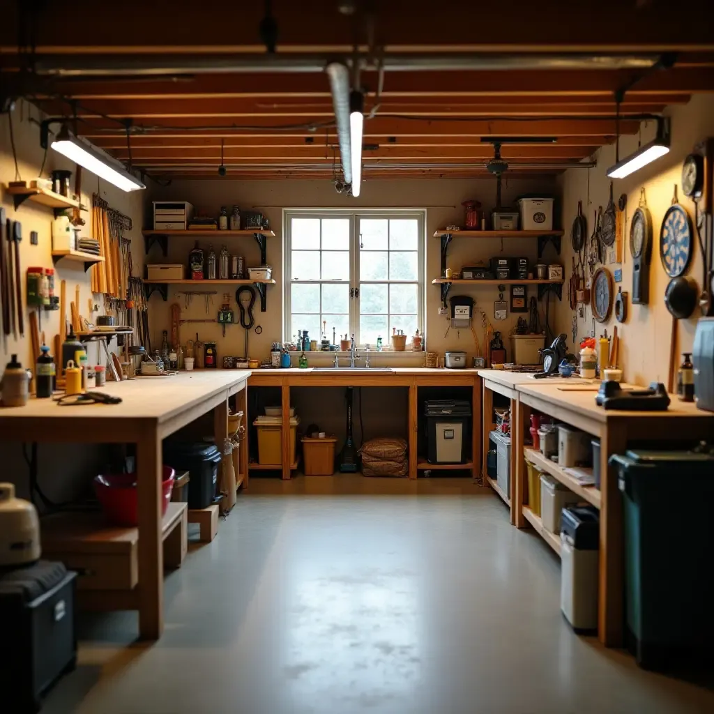 a photo of a serene basement workshop with organized tools