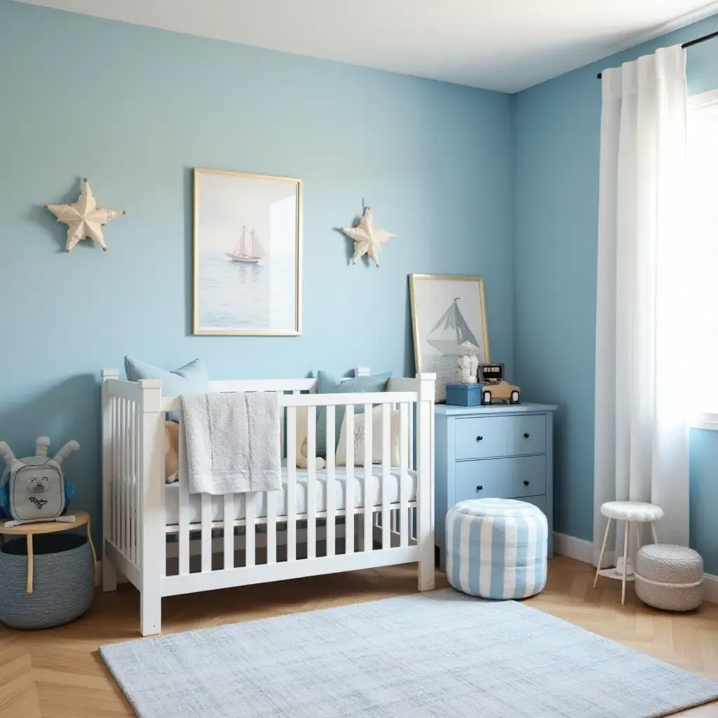 a photo of a nautical-themed nursery with blue hues and marine accents