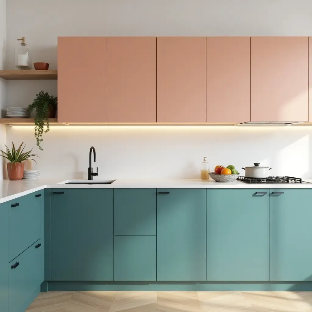 a photo of soft peach and deep teal kitchen cabinets