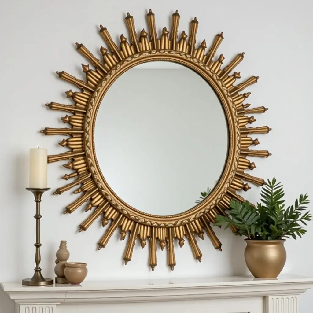 a photo of a sunburst mirror adding glamour to a mantel display