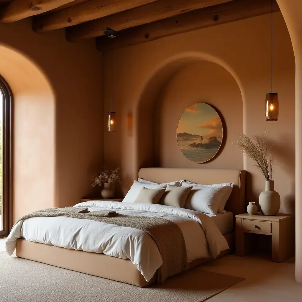 a photo of a serene bedroom with adobe-style architecture and rich earth-tone accents