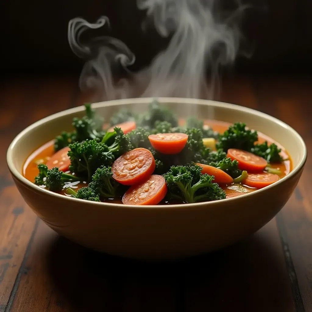 a photo of a steaming bowl of Caldo Verde with kale and chorizo slices